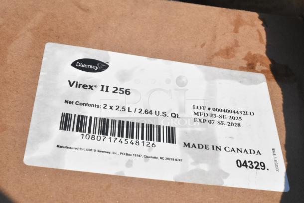 Label on Diversey Virex II 256 box. Net contents: 2 x 2.5L. MFD: 9/2025, EXP: 7/2028. Made in Canada.