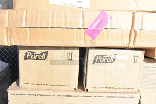 Boxes labeled "Purell" with a pink tag reading "Assembly Required." Items are scratch and dent condition.