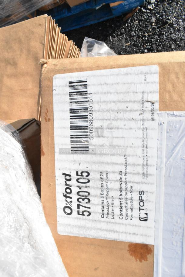 Box of Oxford 57305 PressLock Report Covers, Letter size, Black, new condition; visible barcode and label details.