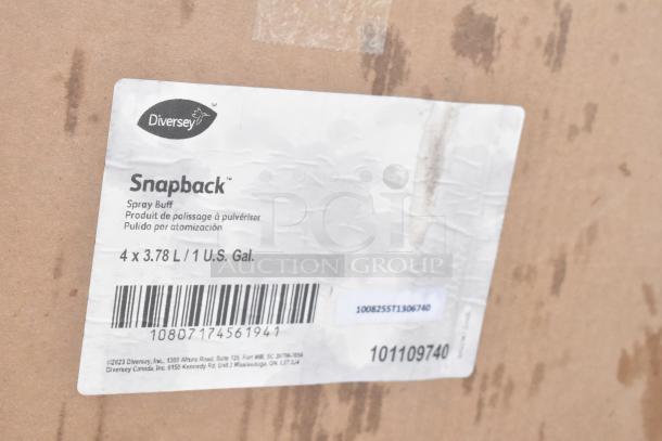 Cardboard box with Diversey Snapback Spray Buff label. Includes 4 bottles, each 3.78L/1 U.S. gal. Item code 101109740.