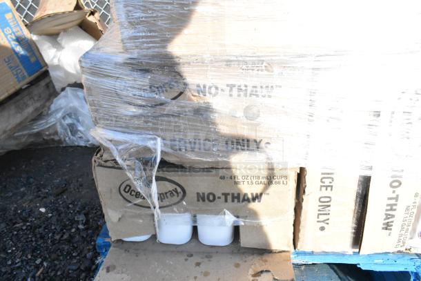 Stack of Ocean Spray No-Thaw boxes wrapped in plastic, labeled "48-4 FL OZ (118 mL) CUPS, NET 1.5 GAL (5.66 L)."