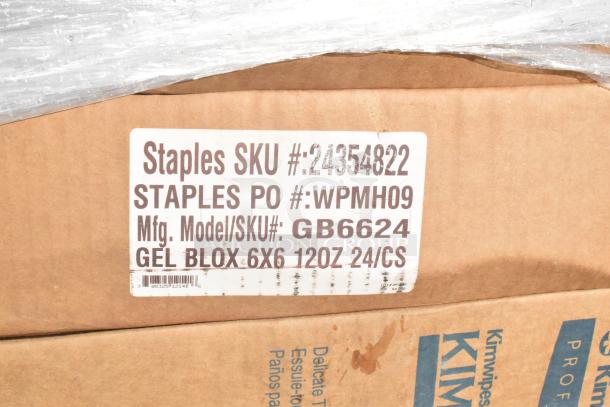 Box label showing Staples SKU #24354822, PO #WPMH09, Model/SKU #GB6624, Gel Blox 6x6 12oz, 24 per case.