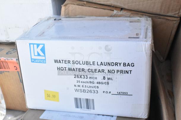 Box of LK Plastics Water Soluble Laundry Bags, 26x33 inches, .8 mil, hot water safe, clear, new condition, $6.99.