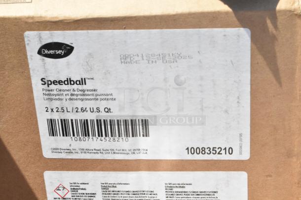 Diversey Speedball Power Cleaner & Degreaser package, 2x2.5L, labeled with barcode, safety warnings, and "Made in USA."