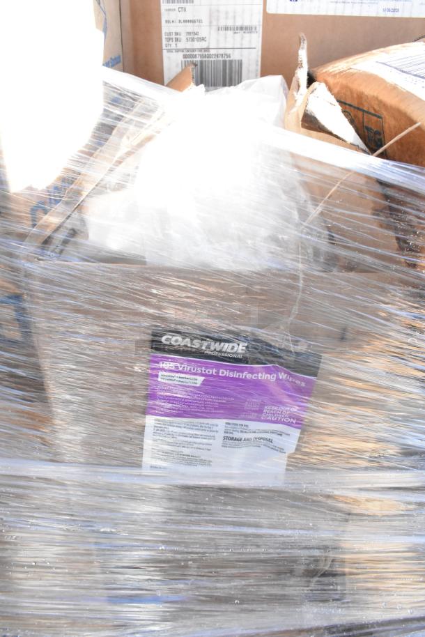 Pallet of Coastwide disinfecting wipes and various packaged items for auction, scratch and dent condition, sealed.