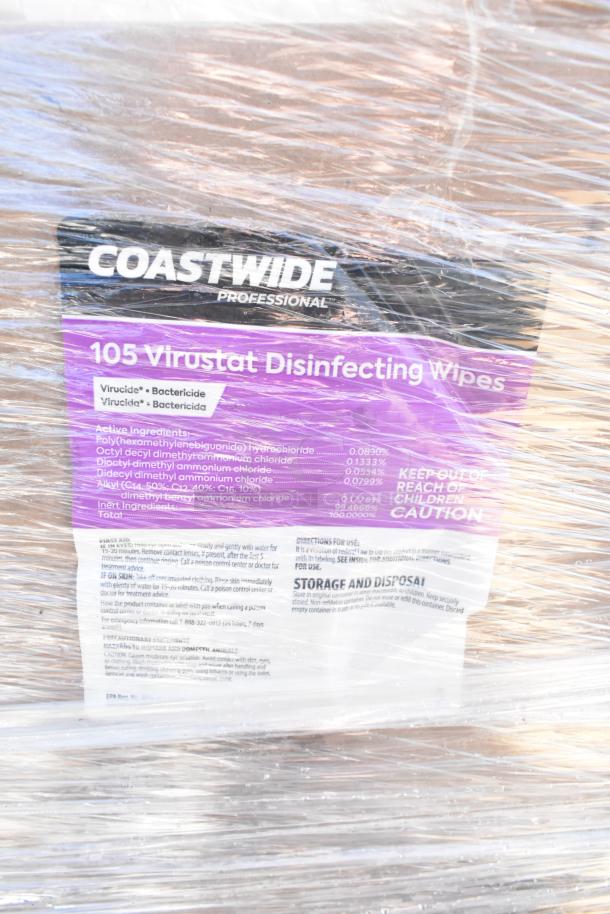 Pallet wrapped in plastic featuring Coastwide Professional 105 Virustat Disinfecting Wipes package.