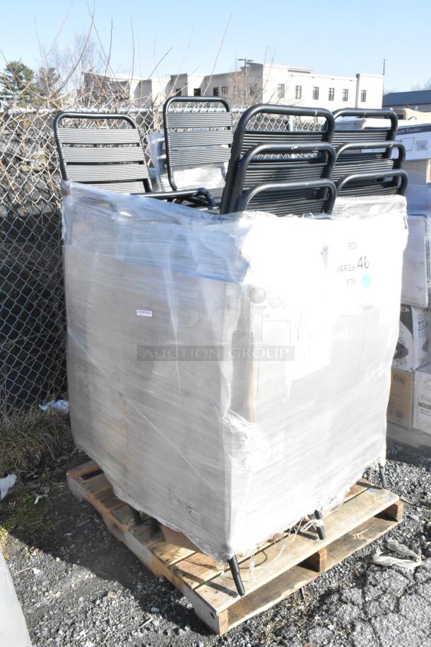 32 new Lancaster Table & Seating black steel outdoor side chairs, scratch and dent, wrapped on pallet.