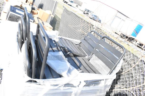 32 brand new Lancaster Table & Seating black powder-coated steel outdoor side chairs, scratch and dent condition, palletized.