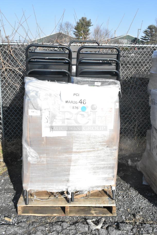 Palette of 32 brand new, scratch and dent Lancaster Table & Seating black steel outdoor side chairs wrapped in plastic.