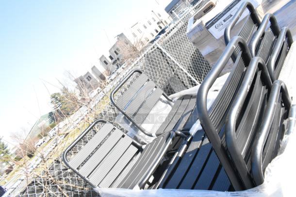 32 brand new Lancaster Table & Seating black powder-coated steel outdoor side chairs, scratch and dent condition.