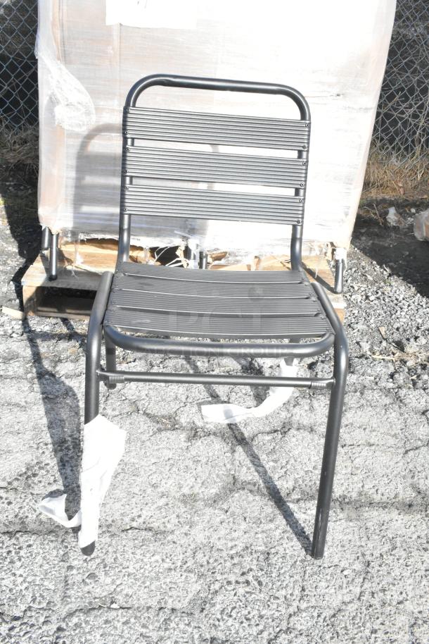 Lancaster Table & Seating black powder-coated steel outdoor side chair, scratch and dent, new condition, auction lot.