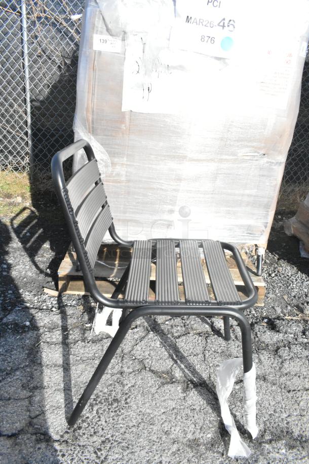 Lancaster black powder-coated steel outdoor side chair, brand new, part of a 32-item scratch and dent auction lot.