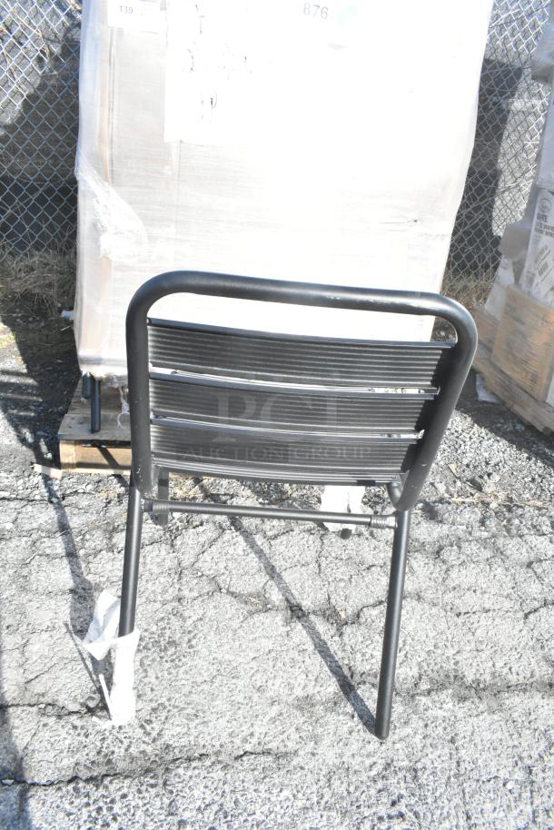 Lancaster Table & Seating black powder-coated steel outdoor side chair, brand new, part of scratch and dent lot.