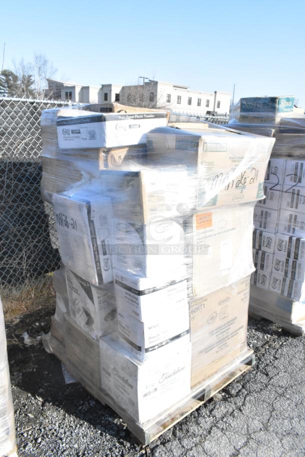 Pallet of 32 brand new scratch and dent items, including trash bags, portion cups, cold cups, and gloves, wrapped in plastic.
