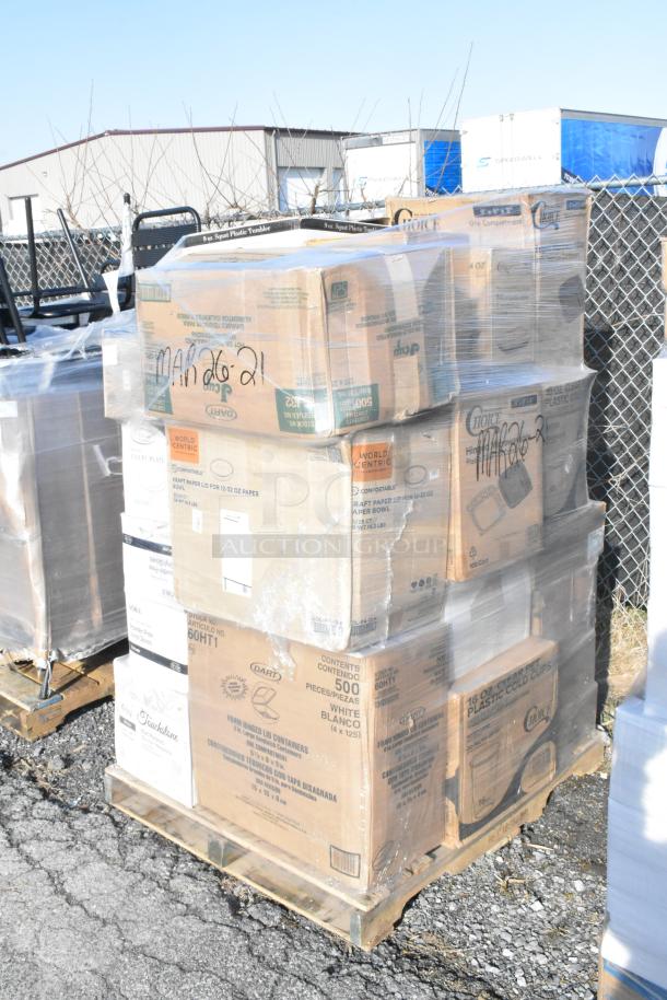 Pallet of 32 brand new scratch and dent items, including trash bags, portion cups, cold cups, and gloves, wrapped in plastic.