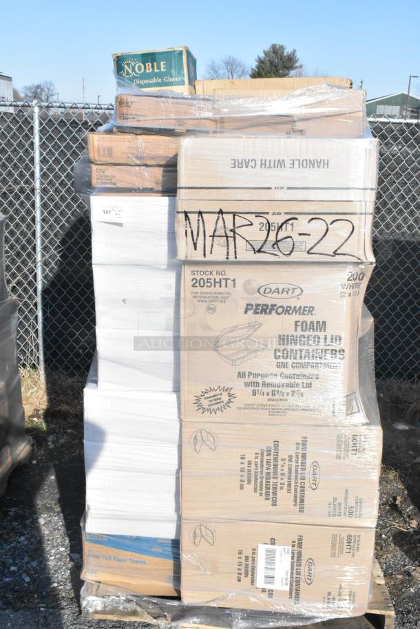 Pallet of 33 scratch and dent items including Dart foam hinged lid containers, Noble gloves, and paper towels.