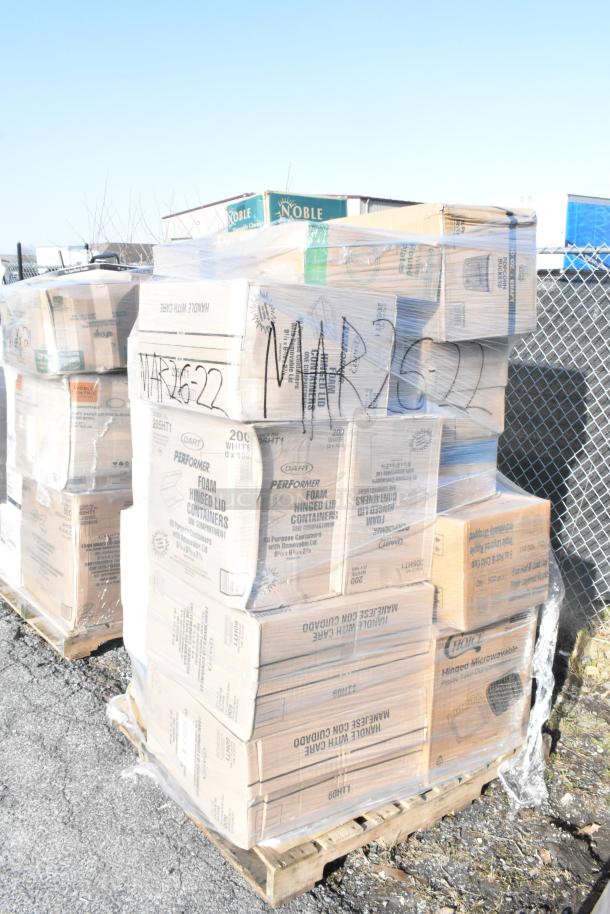 Pallet of boxes labeled with “Dart” and “Noble” containing new scratch-and-dent items like paper towels, plates, and containers. Marked "MAR26-22."