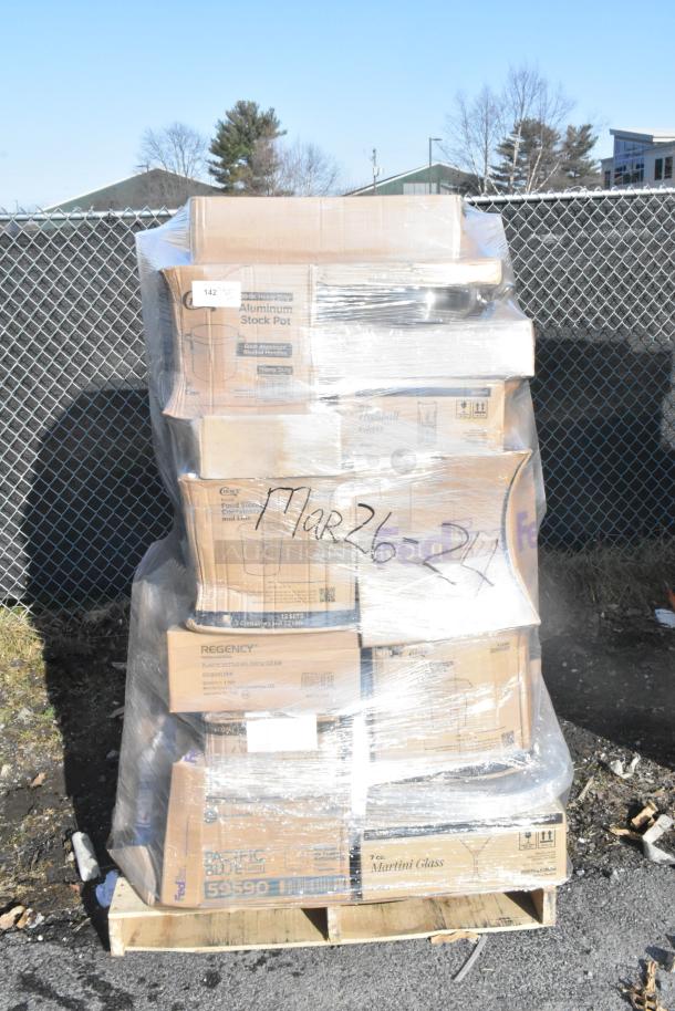 Pallet of 42 mixed new items, including martini glasses, pizza screens, and plates. Some boxes labeled "Aluminum Stock Pot."
