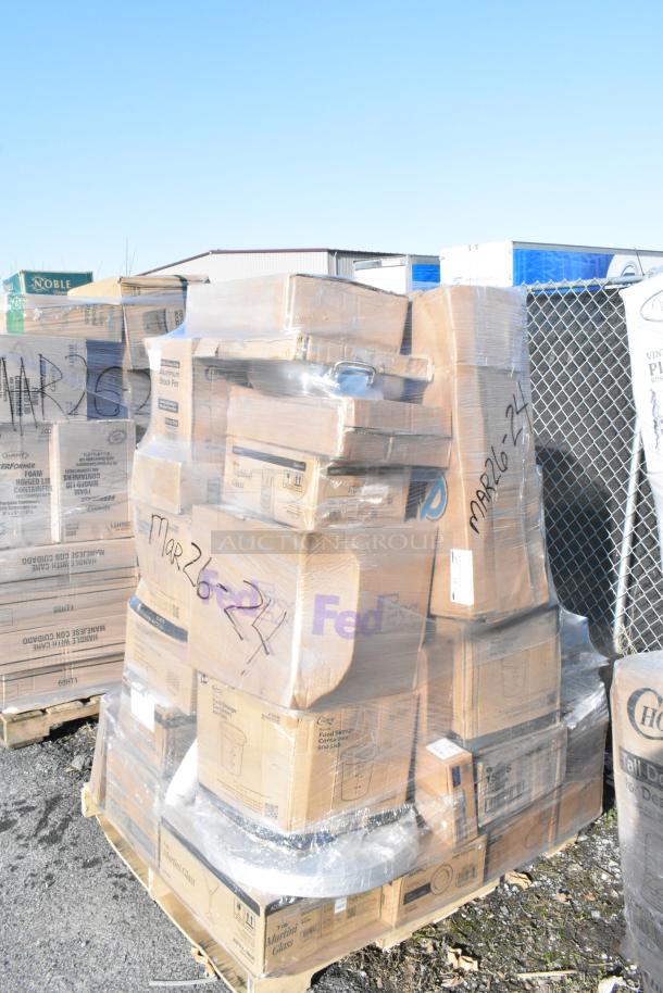 Pallet of 42 brand new scratch and dent items including martini glasses, pizza screens, plates, and a portion control scale.