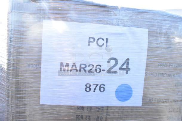 Plastic-wrapped pallet labeled "PCI MAR26-24" containing 42 new scratch and dent items, including glassware and kitchenware.
