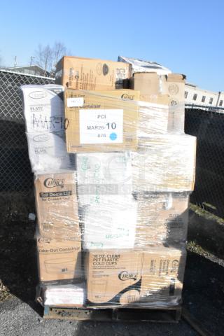 Pallet of assorted brand new items including containers, portion cups, hot cups, gloves; labeled "36 times your bid".