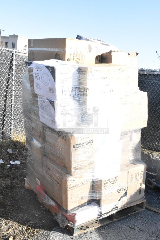 Pallet of 36 boxed items including containers, portion cups, hot cups, gloves, labeled scratch and dent, new condition.