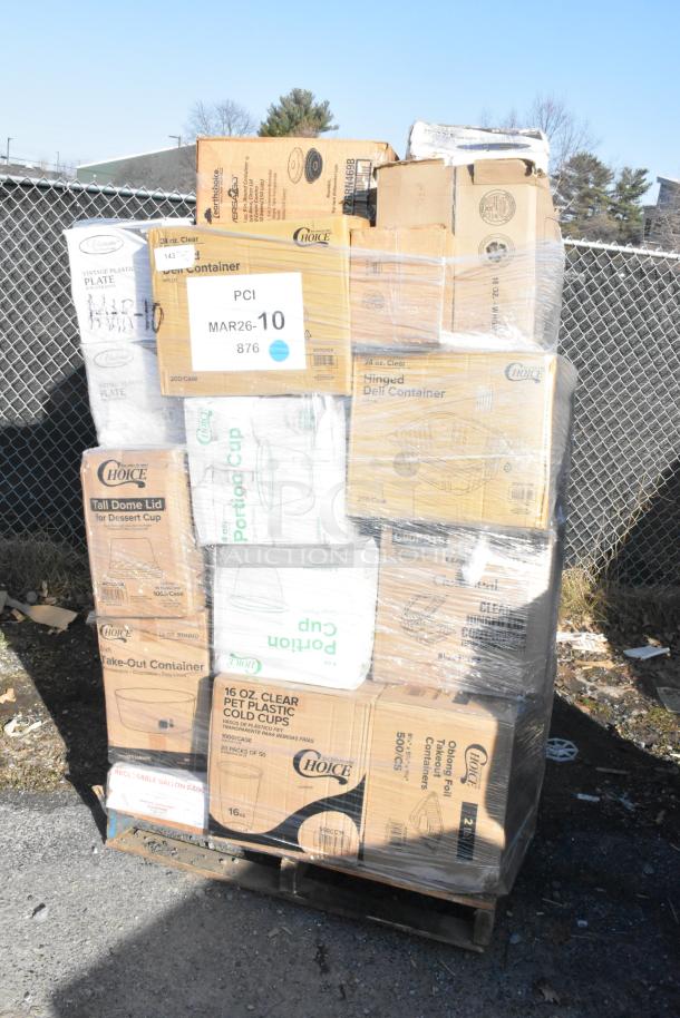 Pallet with 36 new scratch and dent items: containers, portion cups, hot cups, gloves. Choice brand, labeled MAR26-10.