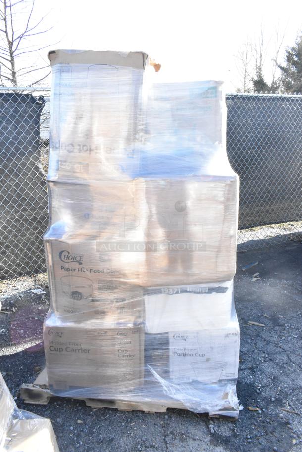 Shrink-wrapped pallet containing assorted brand new scratch and dent items including cold cups, napkins, and packaging pouches.