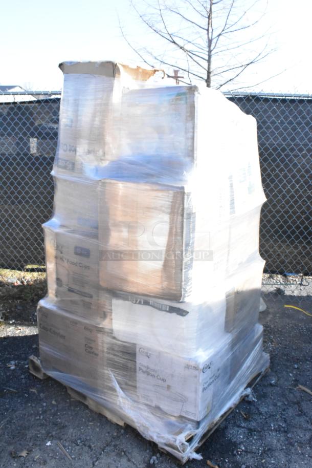 Pallet of 26 new scratch and dent items including cold cups, napkins, vacuum pouches, and surf towels, wrapped in plastic.