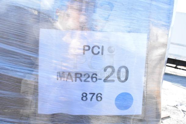 Plastic-wrapped pallet with label "PCI MAR26-20 876." Contains 26 scratch and dent items: cold cups, napkins, etc.