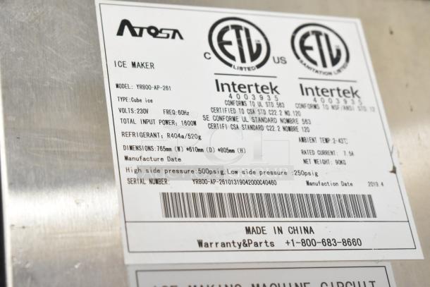 2019 Atosa YR800-AP-261 Commercial Ice Maker label, 230V, cube ice type, dimensions 765mm x 610mm x 805mm, model details.