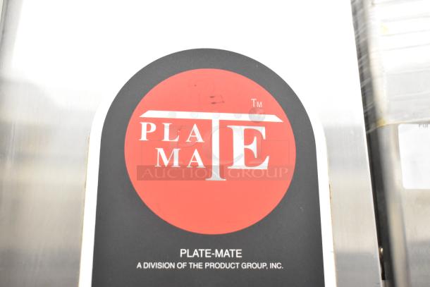 Plate Mate Commercial Heated Holding Cabinet with logo, on stainless steel, featuring commercial casters for mobility.