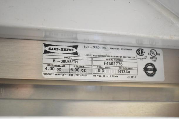 Sub Zero BI-30U/S/TH cooler and freezer label, model and serial numbers, voltage: 115V, phase: 1, total amps: 8.3.
