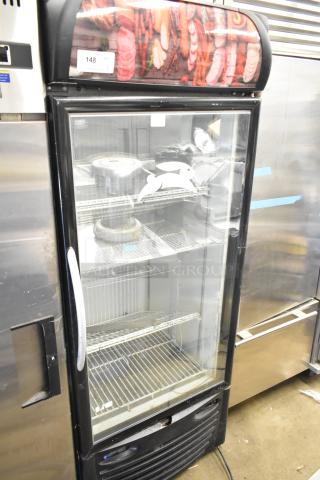 Minus Forty 22-USGF-X1-BBR commercial single door freezer. Glass front, 115V, 1 phase. Visible exterior wear.