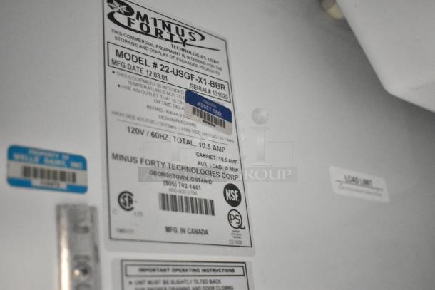 Minus Forty 22-USGF-X1-BBR commercial freezer label showing model, serial, voltage, and manufacturing details.