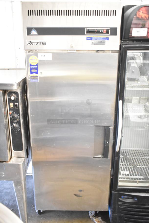Everest ESR1 commercial single door reach-in cooler with casters, stainless steel, 115V, 1 Phase, slight surface marks.