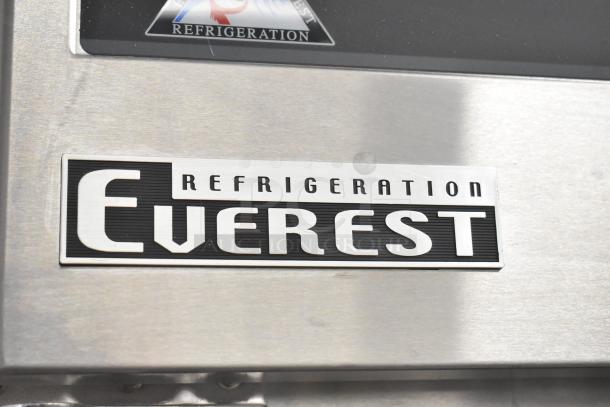Everest ESR1 Reach-In Cooler. Stainless steel, commercial casters, 115V, 1 Phase. "Everest Refrigeration" label visible.