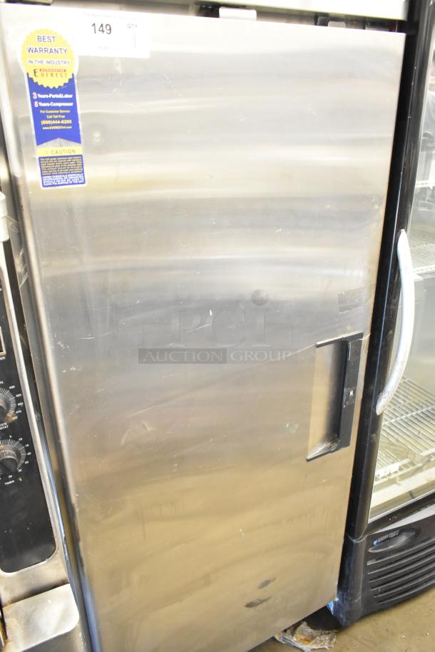 Everest ESR1 commercial single door reach-in cooler on casters, 115 volts, 1 phase; label shows warranty details.