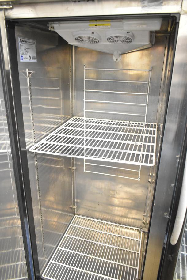 Everest ESR1 commercial cooler on casters, single door, interior view with shelves, 115V, 1 phase, clean condition.