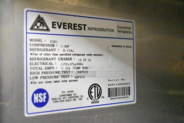 Alt text: Everest ESR1 commercial cooler label showing compressor 1/3HP, refrigerant R-134a, 115V, ETL and NSF certification.