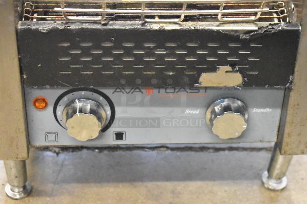 AvaToast 184T140 commercial countertop conveyor toaster oven, 120V, 1 phase, visible wear, two control knobs, branded front panel.