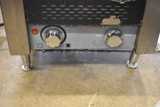 AvaToast 184T140 conveyor toaster oven with control knobs for bread and standby, shows wear. 120 volts, 1 phase, commercial use.