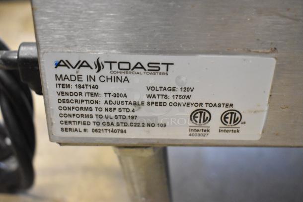 AvaToast 184T140 commercial conveyor toaster oven label, 120V, 1750W, adjustable speed, NSF, UL, CSA certified, made in China.