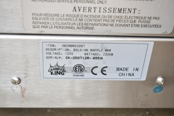 Carnival King Double Belgian Waffle Maker, Model 382WBM26DGT, 120V, 2200W, digital controls, made in China.