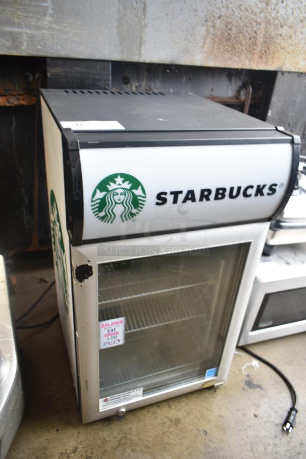 IDW G-2C single door mini cooler merchandiser, Starbucks branding, glass front, 115V, 1 phase, used condition.