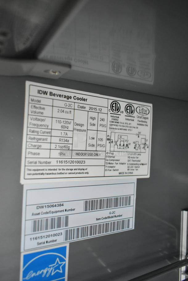 IDW G-2C Single Door Mini Cooler Merchandiser label showing model, voltage, refrigerant details, and serial number.
