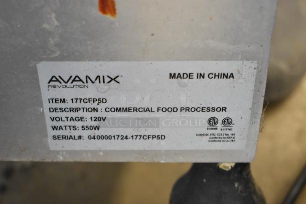 AvaMix 177CFP5D countertop food processor label, 120V, 550W, ETL certified, commercial use, serial 0400001724-177CFP5D.
