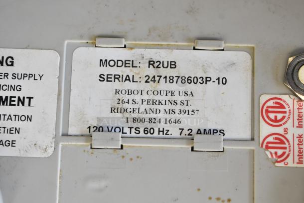 Robot Coupe R2UB food processor base, 120V, 1 phase. Shows model, serial number, certification labels.
