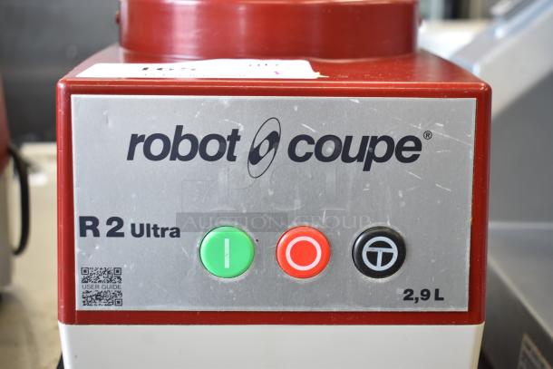 Robot Coupe R2UB countertop food processor base, 120V, 1 phase. Features control buttons, slight surface wear.