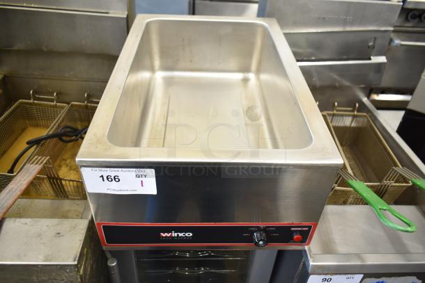 Winco FW-S500 Countertop Food Warmer, 120V, 1 Phase. Stainless steel, dial controls, item tag indicating lot 166.